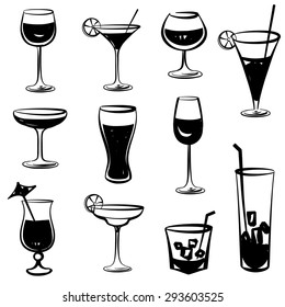 Glass vector silhouette. Wineglass collection. Set of different cocktail drinks isolated on white background. Cocktail party icons