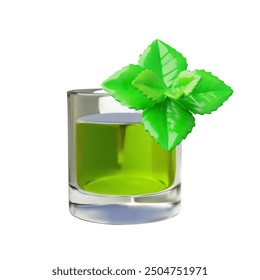 Glass of vegetable juice with mint leaves 3D plastic style icon. Detox diet beverage. Natural fresh green fragrant herbal tea or cocktail. Vector volumetric healthy menu plant ingredient isolated