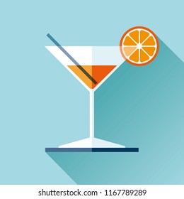 Glass for vermouth icon in flat style, wineglass on color background. Alcohol cocktail with lemon and straw. Vector design elements for you business project 