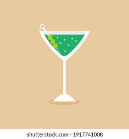 Glass for vermouth icon in flat style. Wineglass on pastel color background. A martini glass of alcohol cocktail. Elegant drink in green martini. Vector design elements for you business project