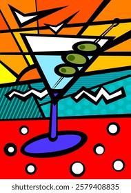 Glass of vermouth with olives against the backdrop of sea and rocks. Summer vacation, contemporary vector illustration