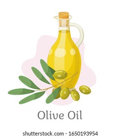 Glass vessel contains golden liquid inside. Branch with olives near bottle with viscous substance used in cooking and beauty industry. Olive oil good for hairs. Vector illustration in flat style