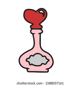 Glass vessel with cork heart label . Hand-drawn. Stock vector illustration.