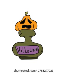 A glass vessel with a cork similar to a pumpkin. Vector design for banners and Halloween greeting cards.