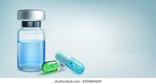 A glass vial with blue liquid and two capsules, one green and one blue, filled with drug granules, on a light gradient background.