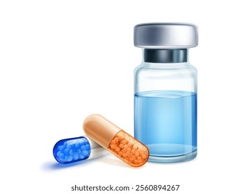 A glass vial with blue liquid and two capsules, one blue and one orange, with drug granules inside. With shadows on a white background.