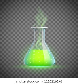 Glass vial with a green love potion. Alchemy and witchcraft. Stock vector illustration.