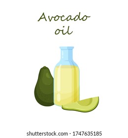 Glass vial with healthy cooking oil and avocado. Bottle and whole fresh fruit isolated on white background. Vector illustration for aroma therapy, cosmetic, restaurant, organic shop.