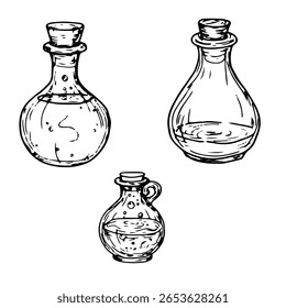 Frascos de vidro com poções mágicas, um conjunto de silhuetas, um esboço de tinta preta e branca. Ilustração vetorial. Garrafas mágicas, isoladas em um fundo branco. O tema da magia, bruxaria e Halloween.
