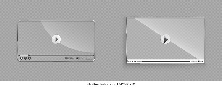 Glass video player interface, transparent window with play, rewind,stop, pause and volume buttons. Screen mockup for web design, audio multimedia application panel, Realistic 3d vector illustration