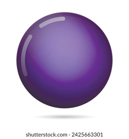 Bola de cristal violeta o perla preciosa. Bola realista brillante, ilustración vectorial abstracta 3D resaltada sobre un fondo blanco. Gran burbuja de metal con sombra.