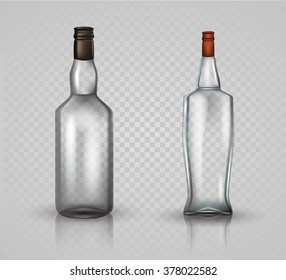 Glass vodka bottle and brandy (bourbon, whiskey, cognac) with screw cap. Vector illustration.