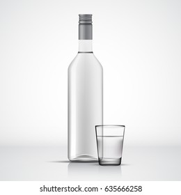 Glass Vodka Bottle And Shot Template, Vector Illustration