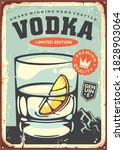 Glass of vodka with lemon slice retro poster decoration for cafe bar or pub. Alcoholic drink vintage sign vector template.
