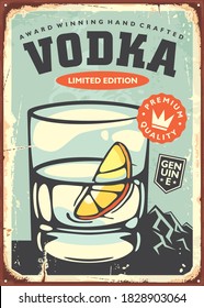 Glass Of Vodka With Lemon Slice Retro Poster Decoration For Cafe Bar Or Pub. Alcoholic Drink Vintage Sign Vector Template.