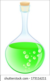 glass volumetric flask with green liquid and bubbles