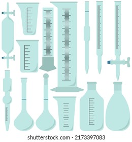 Glass volumetric glassware set, laboratory glassware and equipment vector illustration