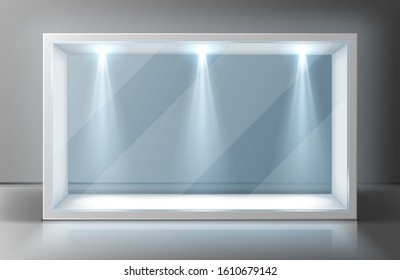 Glass Wall Display Case Frame In Empty Exhibition Room. Transparent Showcase With Illumination For Museum, Gallery Or Exhibit Presentation. Exposition Hall Interior, Realistic 3d Vector Illustration