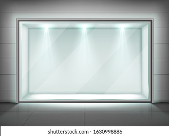 Glass wall frame, transparent showcase with spotlight illumination in empty exhibition room in museum, gallery presentation. Exposition hall interior with tiled floor, realistic 3d vector illustration