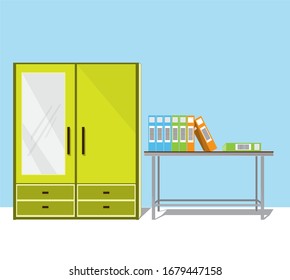 A glass wardrobe, with a four-column drawer and table that was also full of documents