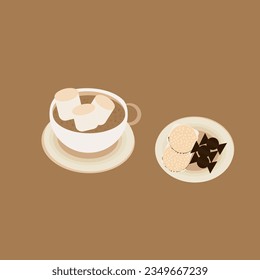 a glass of warm cocoa with marshmallows and a cookie with candies.vector illustration