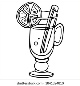 A glass of warming mulled wine with cinnamon stick and slice of orange. Single doodle vector illustration. Hand drawn.