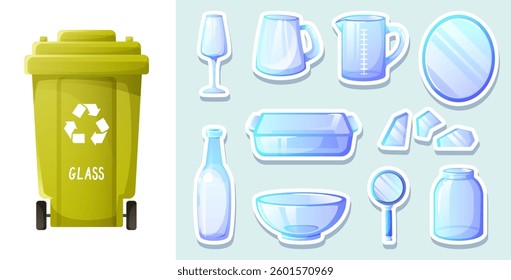 Glass waste, glassware, green waste container, waste separation and recycling concept. Sorting game, stickers for teaching children about environmental protection, eco-friendly lifestyle.