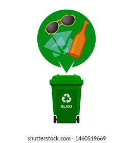 glass waste and green recycling plastic bin isolated on white background, plastic bin and glass bottles garbage, waste glass bottle, illustration clip art bin, 3r garbage