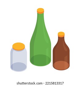Glass waste isometric icon with empty bottles and jar 3d vector illustration