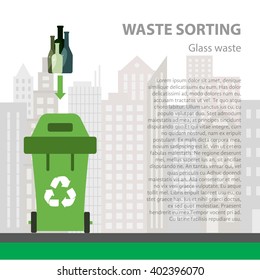 Glass waste sorting flat concept.  Vector illustration of glass waste. Glass waste recycling categories and garbage disposal. Glass waste types sorting management .