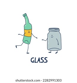 Glass waste sorting. Wine bottle and glass jar. Funny objects with arms, legs and faces. Cute vector isolated on white background illustration for design.