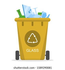 Glass waste in the trash bin vector isolated. Collection of garbage made of glass, idea of rubbish segregation. Recycling industry. Ecological trash separation.