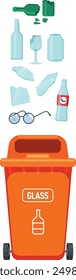 Glass waste. Trash sorting bin. Recycling can