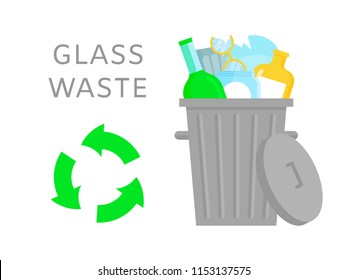 Glass waste vector illustration. Home stuff - wine bottle, plate, wineglass, jar, glasses. Recycling ecology problem isolate on white background objects collection. 