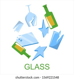 Glass waste vector isolated. Collection of garbage made of glass, idea of rubbish segregation. Recycling industry. Ecological trash separation.