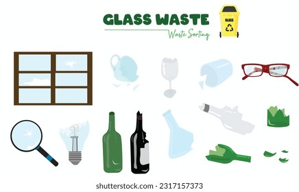 Glass waste vector set isolated on white background. Collection of recycled glass products. Recyclable glass garbage trash vector illustration. Cartoon style. 