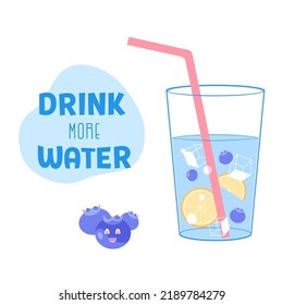 Glass with water and berries and ice. Drink more water. Vector illustration