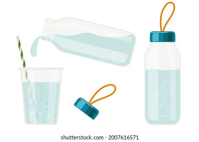 Glass water bottle and Water being poured from bottle to glass. Eco friendly drink containers. Alternative to plastic. Caring for the environment. Vector set of bottles, glass. Drink more water.