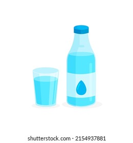 Glass of water and bottle in trendy flat style. Blue transparent glass filled with liquid. Package concept. Vector illustration on white background.