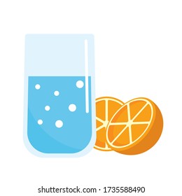 Glass of water with bubbles and fresh oranges. Fruit, Healthy lifestyle Composition. Vector illustration. Morning. Diet.