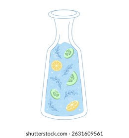Glass water carafe with orange and cucumber in a flat outline style with texture. 