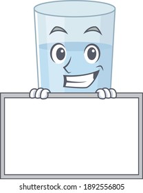 Glass of water cartoon design style standing behind a board. Vector illustration
