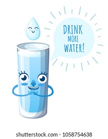 Glass with water. Cartoon style character design. Mascot with happy face. Drink more water. Vector illustration isolated on white background. Website page and mobile app design.