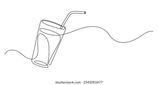 Glass of water, or cocktail with straw. Continuous line drawing.