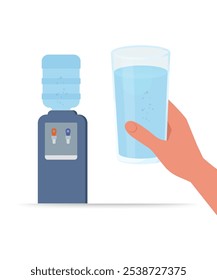 Glass of water and water cooler. Water splash. Drink more water. Vector illustration. stock illustration