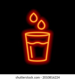 Glass of water, cup with drink, simple icon. Orange neon style on black background. Light linear icon with editable stroke