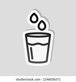 Glass Of Water, Cup With Drink, Simple Icon. Linear Sticker, White Border And Simple Shadow On Gray Background