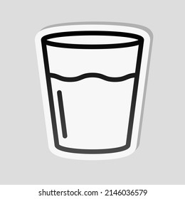 Glass of water, cup with drink, simple icon. Linear sticker, white border and simple shadow on gray background