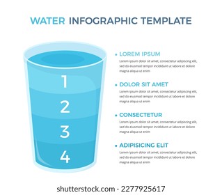 Glass with water divided on four parts with place for numbers and text, water infographics template, vector eps10 illustration