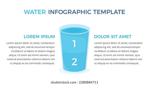 Glass with water divided on two parts with place for numbers and text, water infographics template, vector eps10 illustration